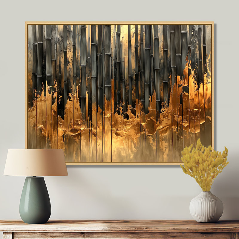 Golden Arashiyama Bamboo River I - art mural en bambou, H 34 po x l 44 po, Impression sur cadre flottant, Crème, crème