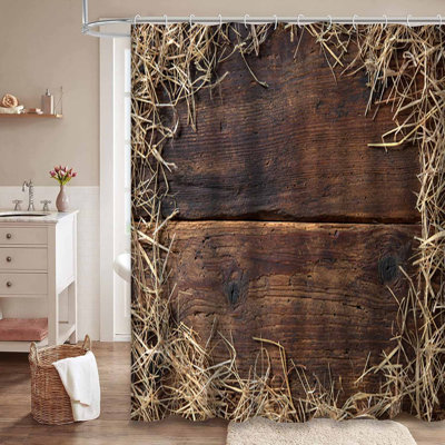 Straw Vintage Wooden Board Wood Barn Farm Grass Brown Western Rustic Shower Curtain with 12 Hooks