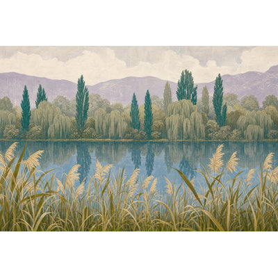 Lakeside Landscape Wallpaper Reeds Removable Mountains Wall Decor