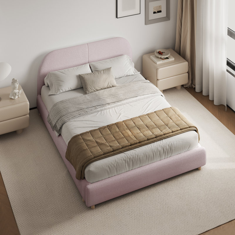 Structure de lit rembourrée avec tête de lit courbée Boucle, style minimaliste moderne, Rose, Grand lit
