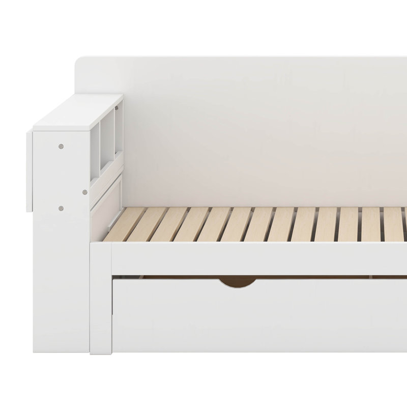 Lit de jour double avec bureau amovible, structure de lit de jour en bois avec tiroirs de rangement et table d'appoint hydraulique pour le salon, la chambre à coucher