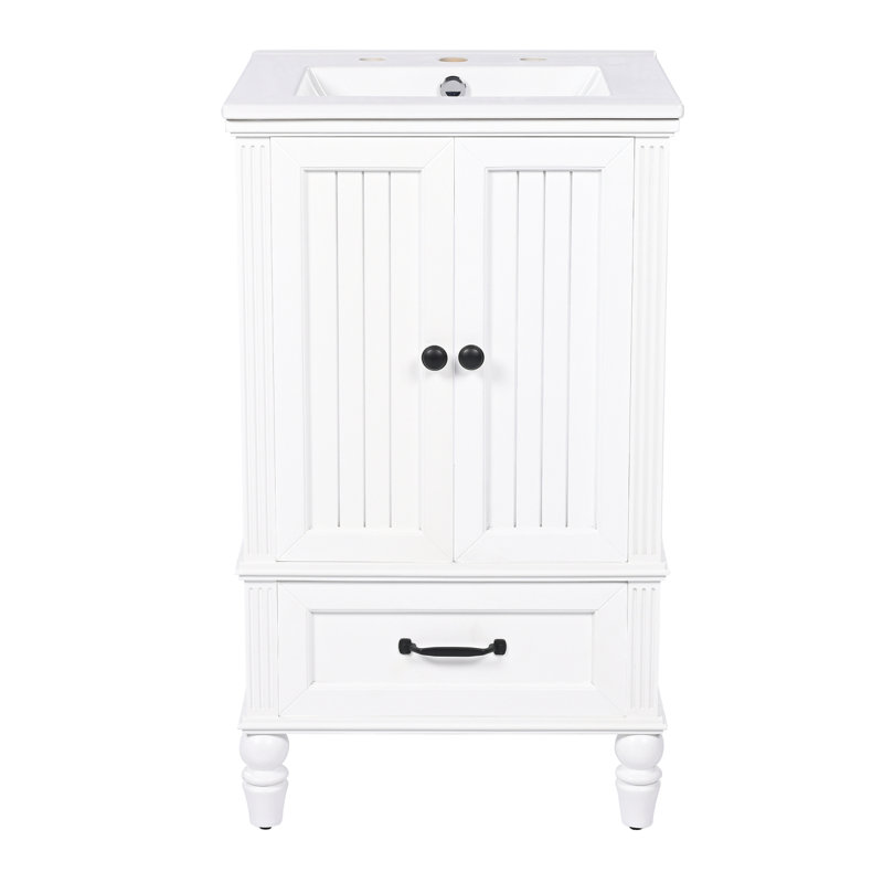 Meuble-lavabo de 20 po avec lavabo, armoire, butoir de porte magnétique et patins réglables, Blanc/Noir