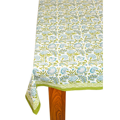 Fresh Foliage Block Print Cotton Tablecloth