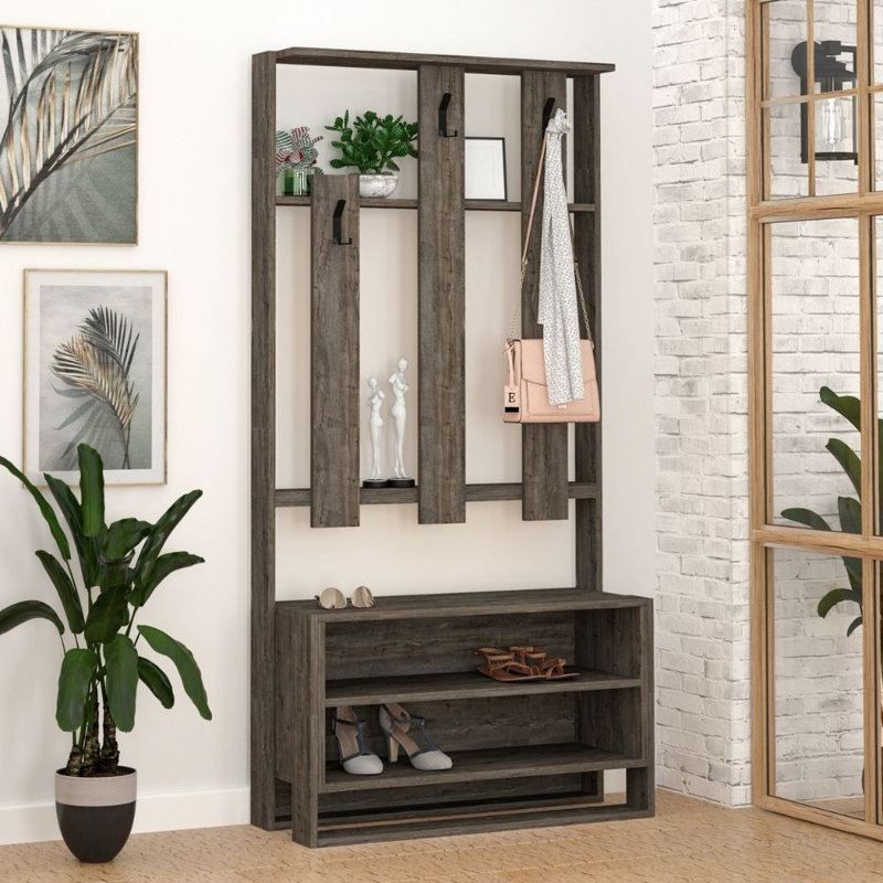 Cannes 90 cm W Hall Tree with Storage Bench and Shoe Storage, Dark Coffee