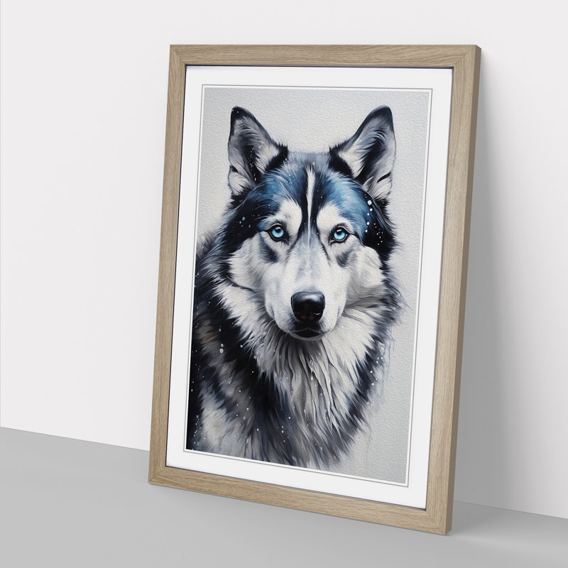 Husky Realism - Single Picture Frame Print on Wood, 34cm H x 25cm W x 2cm D, Oak 