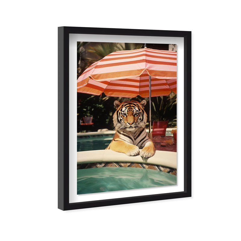Oliver Gal Poolside Tiger Encounter Coastal - Luxury Shadowbox Framed Wall Art, 37.5" H x 25.5" W, Black