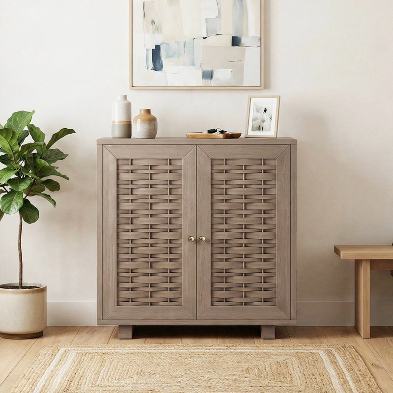 Woven Pattern Accent Cabinet Office Storage Cabinet With 1 Shelf And 2-door, Dark Brown Oak