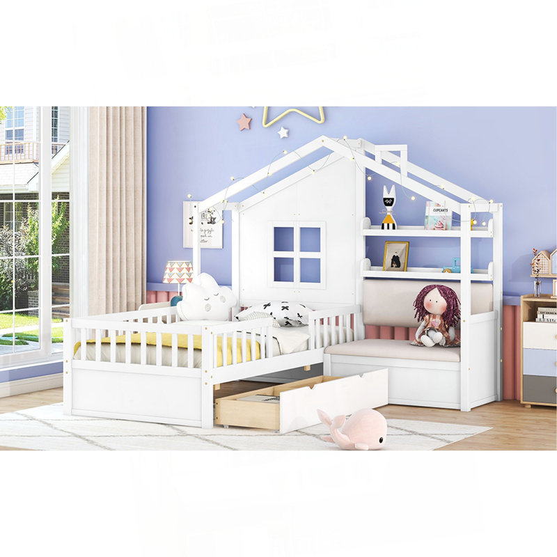 Twin Size House Bed With Sofa, Kids Platform Bed With Two Drawers And Storage Shelf, White