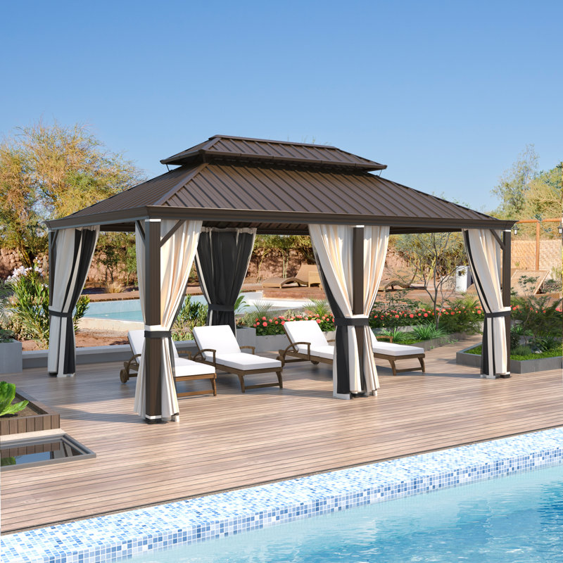 18' W x 12' D Hardtop Gazebo, Double Galvanized Steel Roof & Aluminum Frame for Hot Tub, Deck, Backyard, 18′ W × 12′ D, Brown
