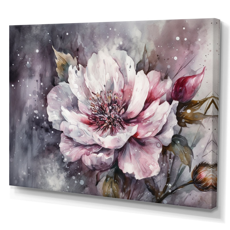 Pivoines roses et vertes sur une branche I - impression, H 12 po x l 20 po x P 1 po, Toile tendue