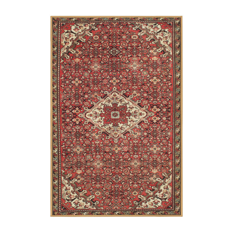 Tapis traditionnel rouge / brun / pêche, Rectangle 5 pi x 7 pi