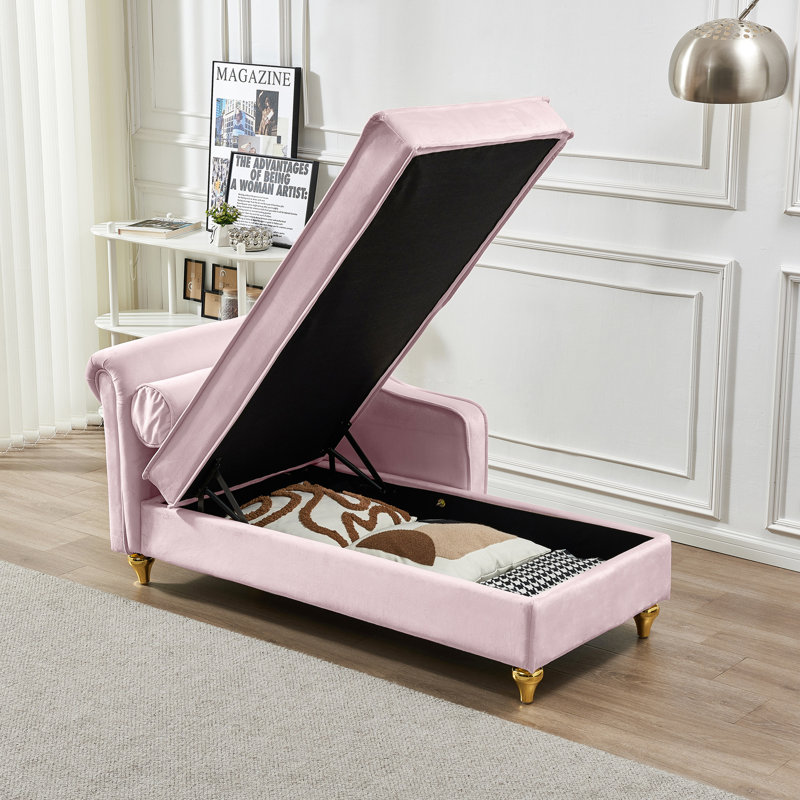 Chaise longue avec rangement en velours rose délicat - Rembourrage confortable, structure en métal robuste, ajout élégant, revêtement doux et lisse, pieds, design chic