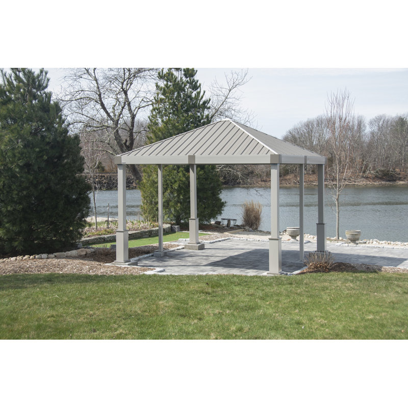 Sojag 12' x 12' Nanda Hardtop Gazebo Outdoor Weather-Resistant Aluminum Frame Shelter with Mosquito Net, Taupe, Champagne