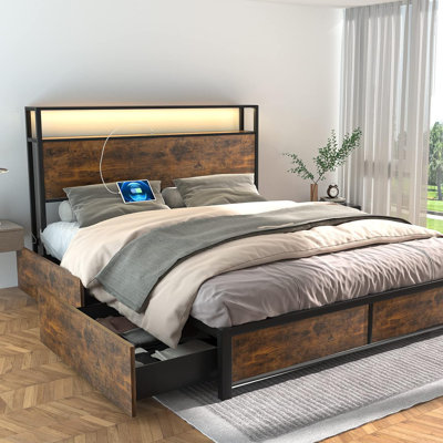 Rustic Brown Metal Bed Frame with 4 Drawers, LED Lights, Charging Station, and Storage Headboard