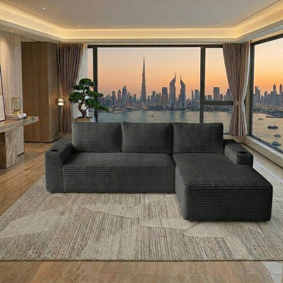 104" L Shaped Boneless Sectional Couches for Living Room, Comfy Corduroy Floor Cloud Sofa with Chaise and Cup Holder, Wide Armrest, Deep Seat, Assembly Free, Ideal for Small Spaces，Green Right Facing Chaise