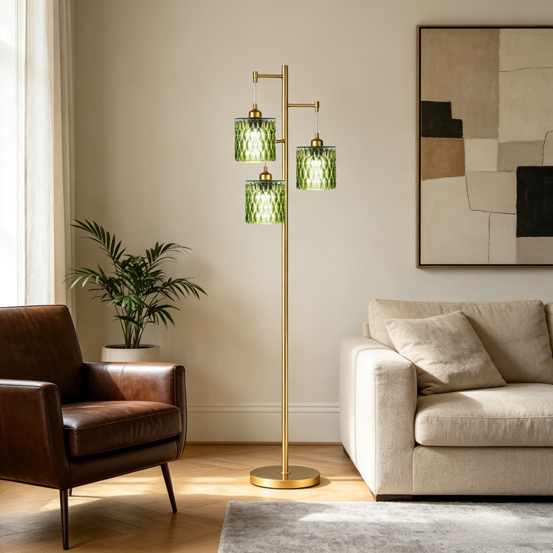 68" Mid-Century Modern Gold Tree Floor Lamp with 3 Adjustable Green Glass Shades - Vintage Standing Lamp with 800LM LED Bulbs for Living Room, Bedroom & Office