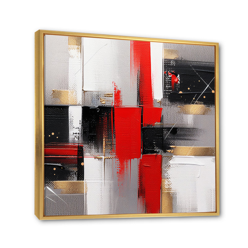 «Red and Gold Cubic Abstract I», reproduction sur toile, Cadre flottant doré, H 36 po x l 36 po x P 1,5 po