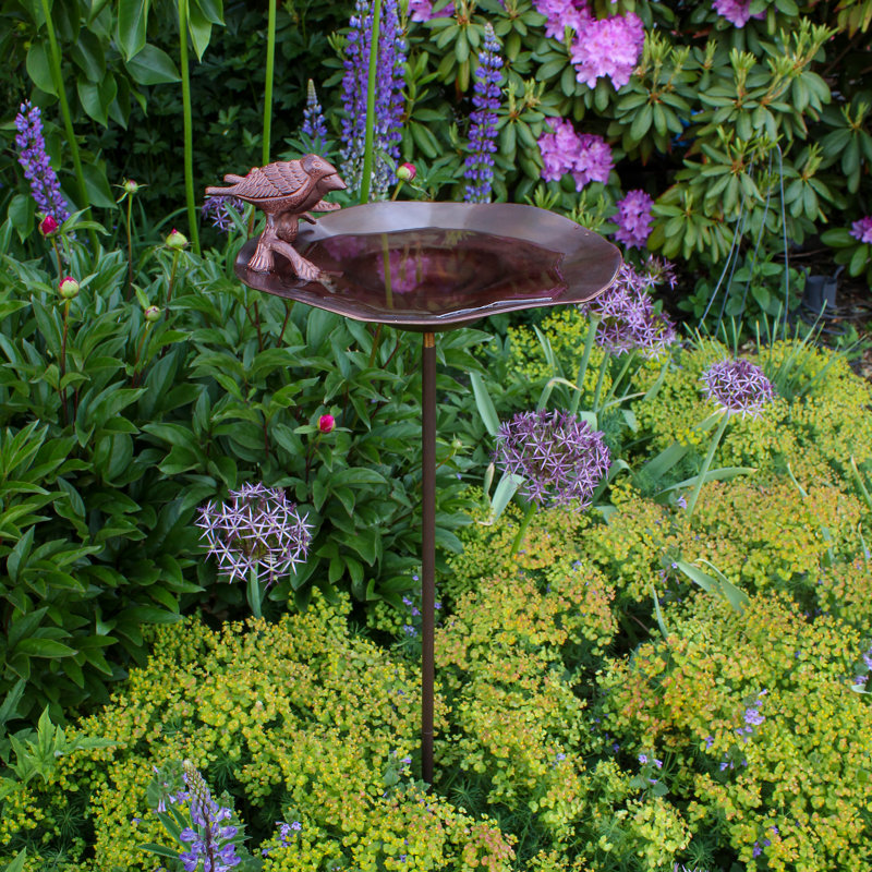 Antique Copper Birdbath with Birds and Stand