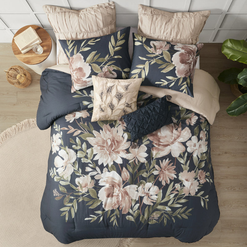 Édredon bleu marine 8 pièces - style coussins décoratifs brodés lavables à la machine et froissables - pour lit 2 coussins, taies décoratives 1 jupe vapeur