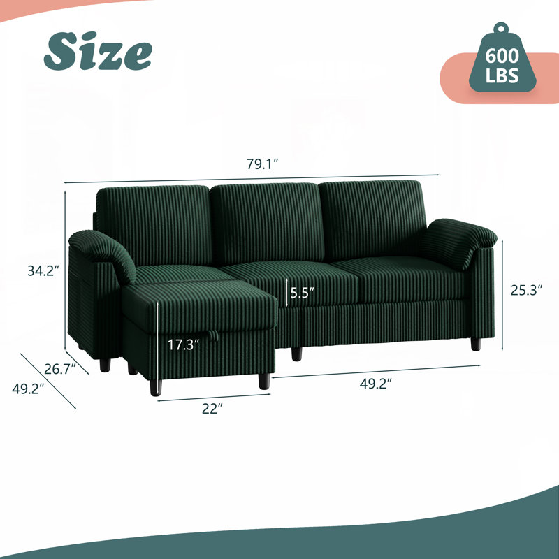 79'' Upholstered Sofa With Ottoman, Green