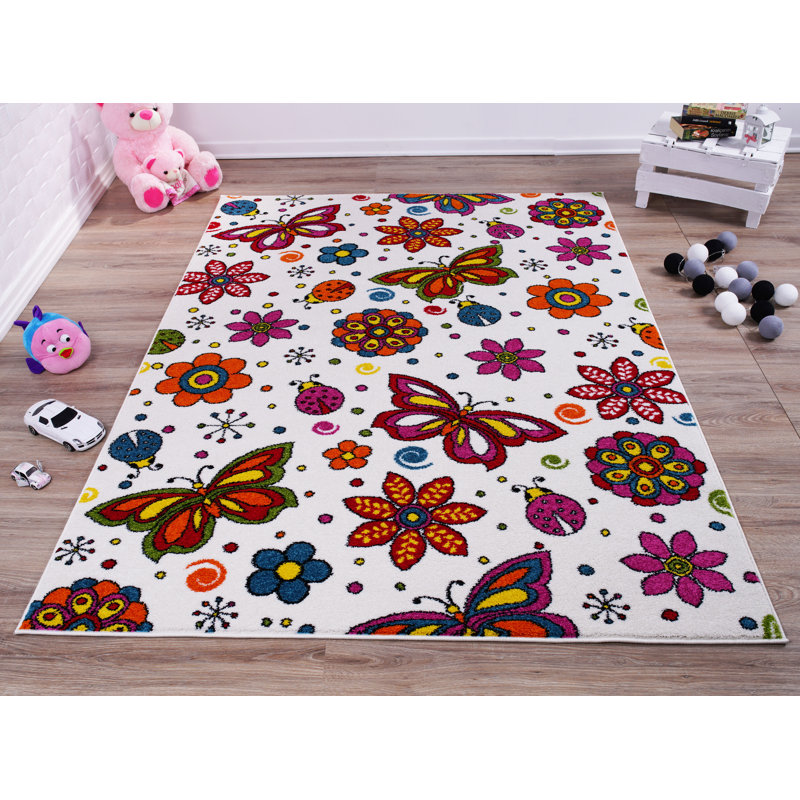 Tapis blanc / rose à motif floral Kindig, Rectangle 5 pi 3 po x 7 pi 4 po