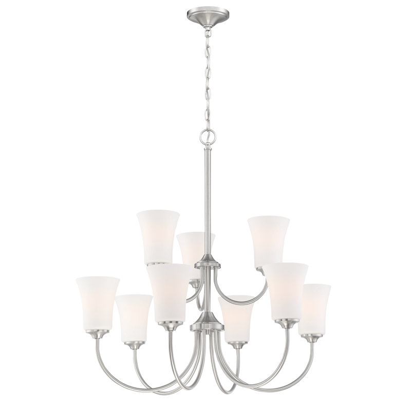 Lustre traditionnel de style bougie 9 lumières peral, Nickel poli brossé, Blanc givré