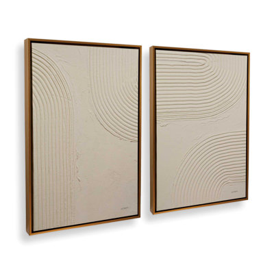 Echoed Curves in Beige Set of 2 Canvas Prints in a Maple Frame, 18" X 12"