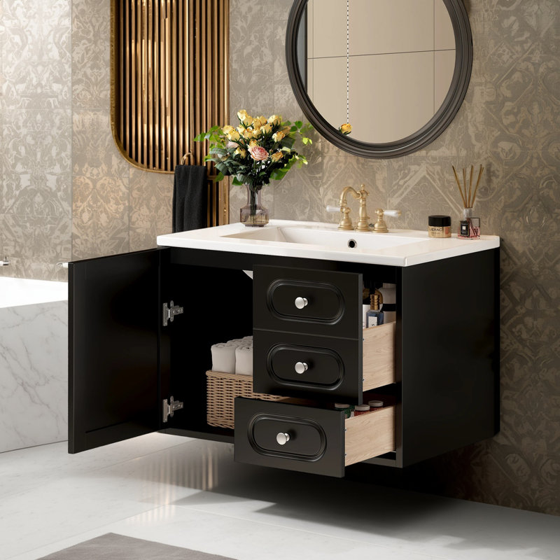 Meuble-lavabo 30 po avec lavabo en céramique Mid-Century 30 po, 2 tiroirs, beaucoup de rangement