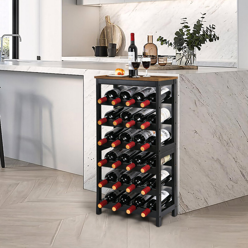 Plancher autoportant pour porte-bouteilles de vin, étagères de rangement à vin en bambou à 6 niveaux avec plateau de table, étagère à bouteilles de 24 bouteilles pour le bar-salon de la cuisine, brun rustique et noir