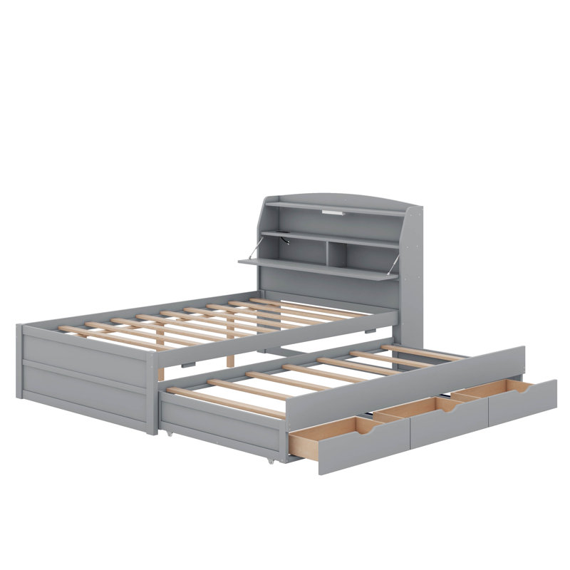 Lit plateforme en bois avec lit gigogne, tête de lit et tiroirs à DEL, Gris, Lit double