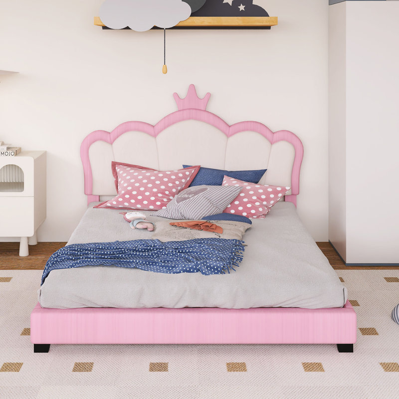 Lit princesse rembourré en bois avec tête de lit, Lit double, Rose