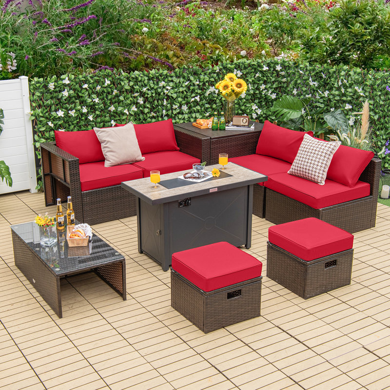 Ensemble de 9 meubles de patio pour l'extérieur avec ensemble de canapé modulaire en osier PE de 42 po, Rouge