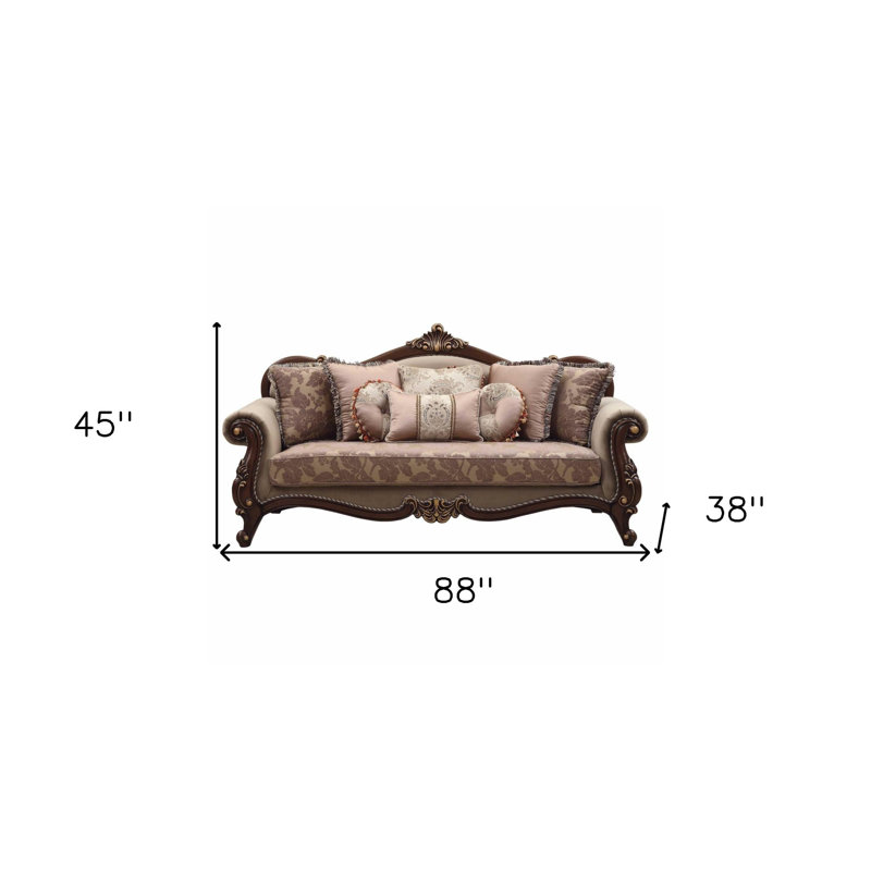 Canapé de 88 po en velours beige à motif floral avec coussins décoratifs et pattes brunes