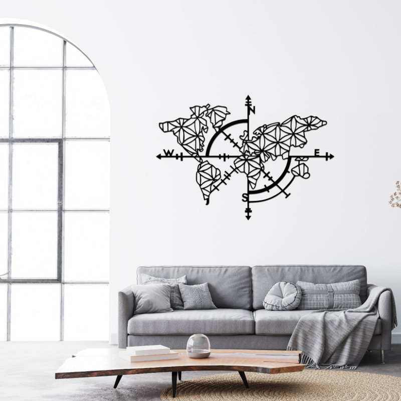 Art mural en métal carte du monde boussole - voyage aventure murale - carte du monde et boussole Silhouette Design sculpture - suspension murale industrielle moderne - Wanderlust Home Decor - décoration de salon de bureau - pièce d'art audacieuse audac