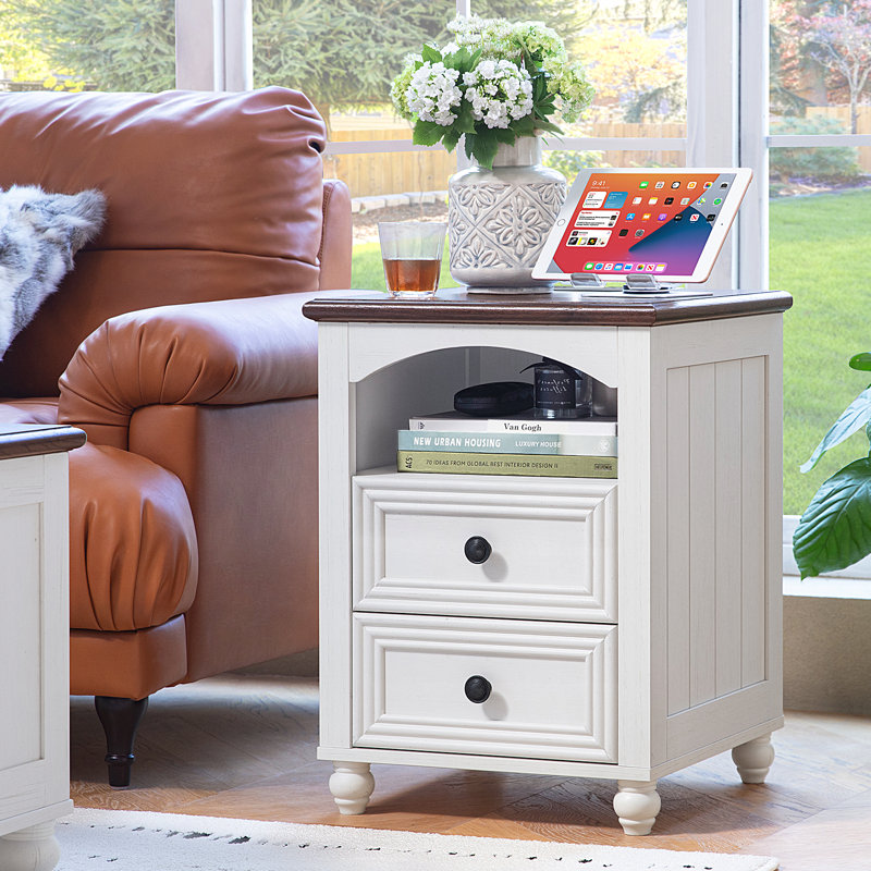 18" Farmhouse Night Stand With Charging Station,Wood Nightstand With 2 Drawers, Bedside End Table With Shelf Storage, Bed Side Tables Cabinet For Bedroom, Living Room, And Closet