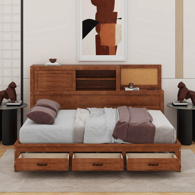 Lit de jour en bois pleine grandeur avec 3 tiroirs de rangement, tablette souple supérieure, tablette et ensemble de prises et ports USB