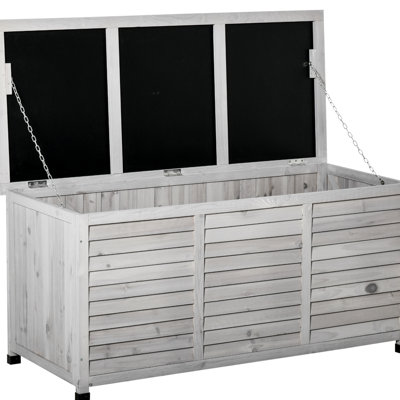 Grey Outdoor Wooden Deck Box 75 Gallon - Storage Container With Aerating Space & Weather- Exterior Gap For Durability