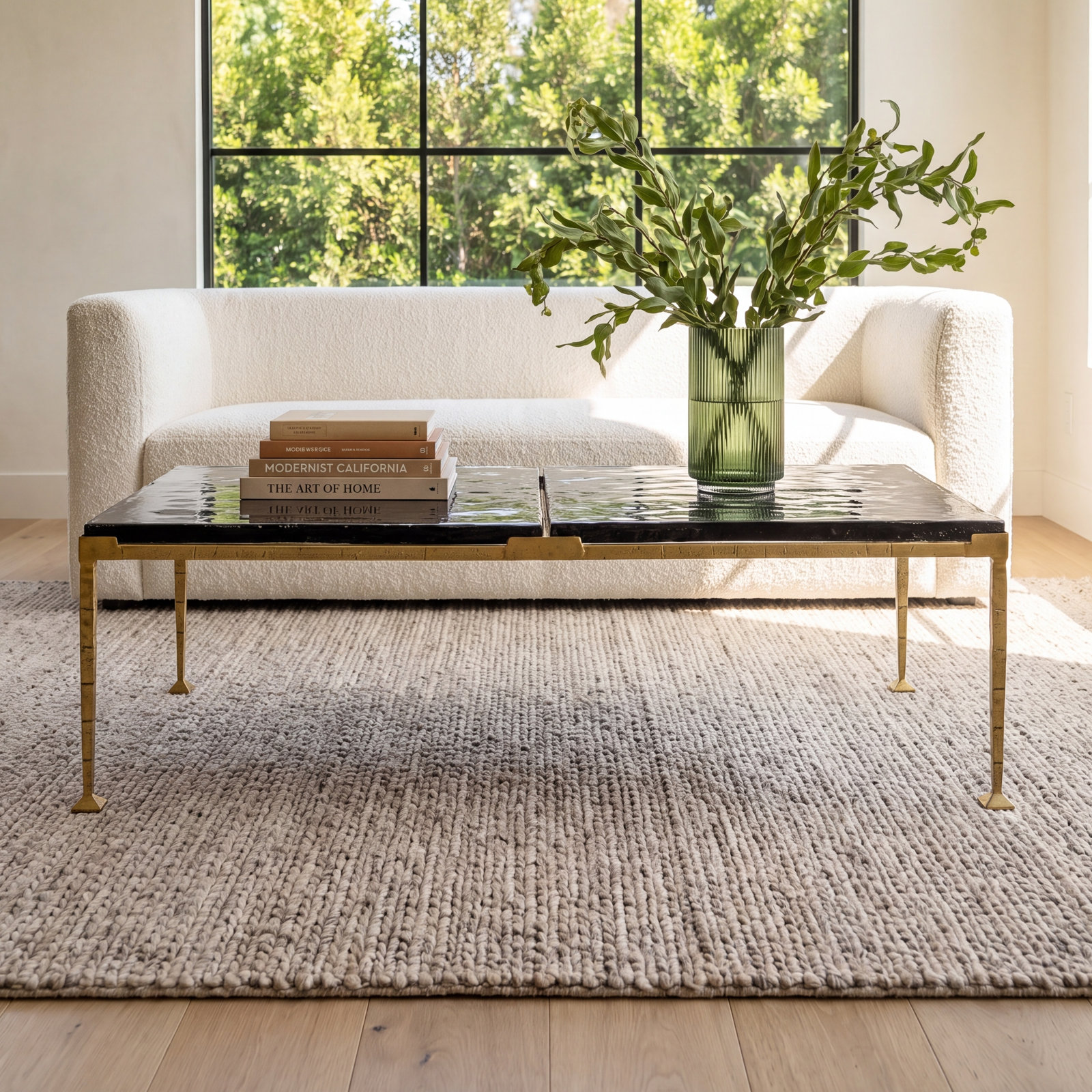 Castino 50" Glass Coffee Table, Smoked Glass / Brass