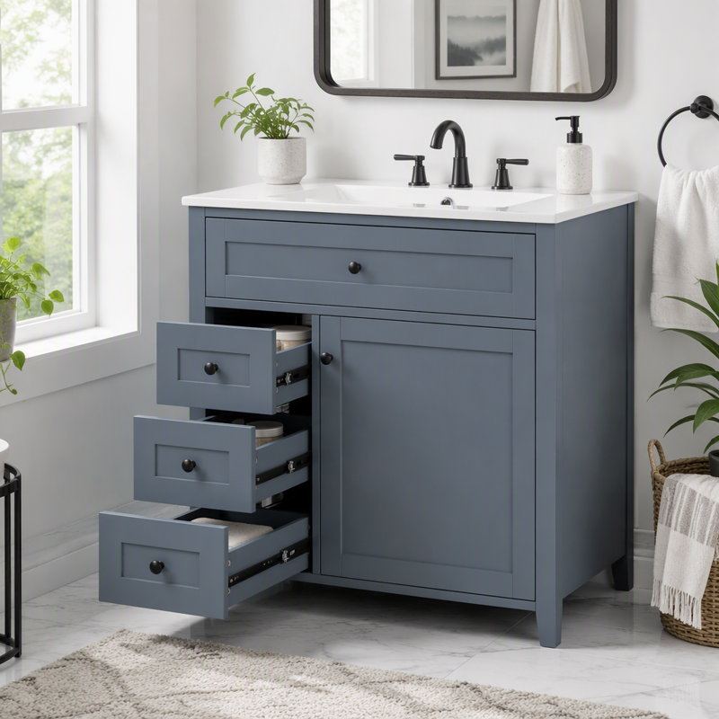 Meuble-lavabo de 30 po avec lavabo et grand rangement, Bleu-gris, porte de droite, 30