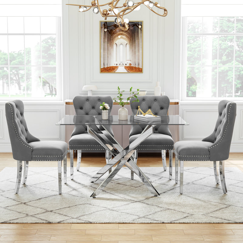 Modern Glass Dining Table Set For 4, 50" Rectangular Tempered Glass Dining Table With Velvet Upholstered Seats, Gray/Silver