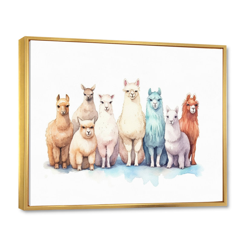 «Herd of Colorful Alpacas I», reproduction sur toile, Cadre flottant doré, H 12 po x l 20 po x P 1 po