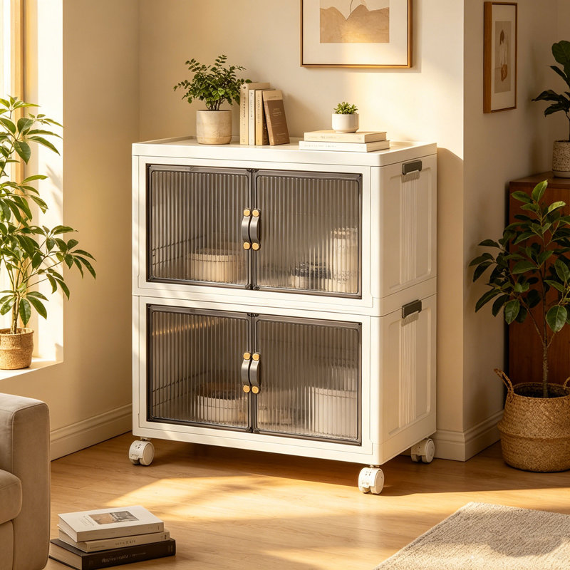 JOYBOS Foldable Storage Cabinet with Transparent Doors, Stackable Closet Organizer Bin for Clothes, Toys, Pantry Items, White