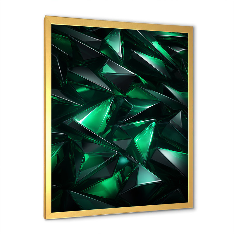 Fractale verte géométrique I - art mural géométrique, Cadre doré simple, H 32 po x l 24 po x P 1 po