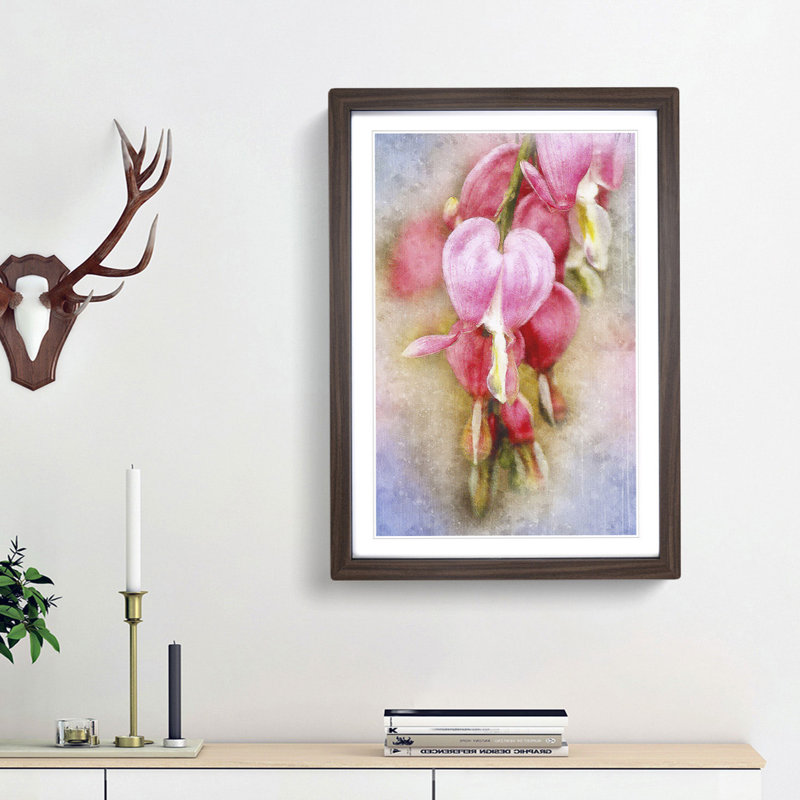 Pink Bleeding Heart Flowers - Picture Frame Graphic Art Print, 63cm H x 45cm W x 2cm D, Walnut Framed