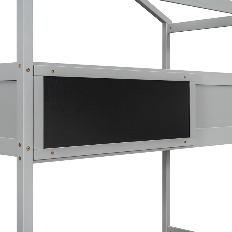 Lit simple superposé au-dessus d'un lit double gris avec espace de rangement pratique et tableau noir, Gris, Lit double