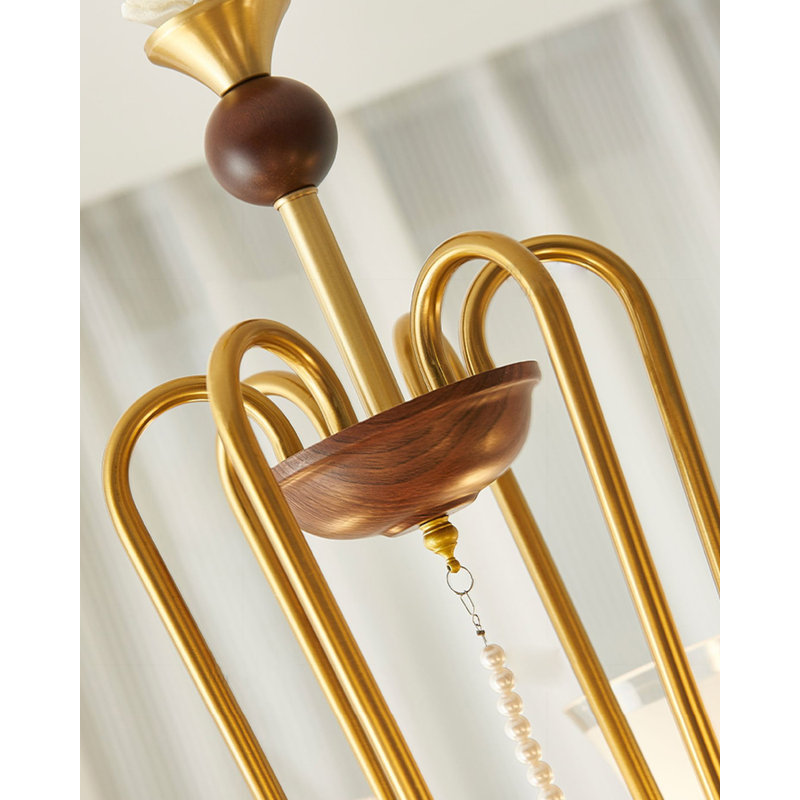 Pied de lampe de style américain en bois rétro avec abat-jour en verre, Six lumières