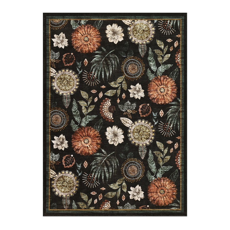 Farmhouse Floral Rug 5x7 Washable Rug for Living Room, Non Slip Non Shedding Carpets, Soft Thin Non Shedding Floor Covering, Low Pile Foldable Printed Mats for Bedroom Nursery, Black