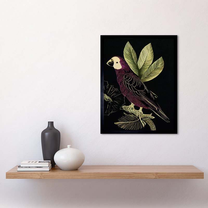 Burgundy Parrot Leaves Tree Branch Linocut - Single Picture Frame Print, 43.7cm H x 33.5cm W x 1.5cm D