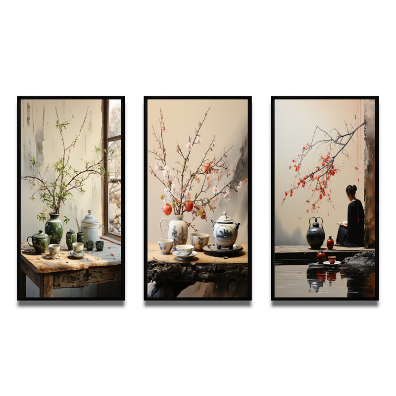 3 pièces sur toile - Cérémonie du thé Japon Art, Cadre noir, H 32 po x l 48 po