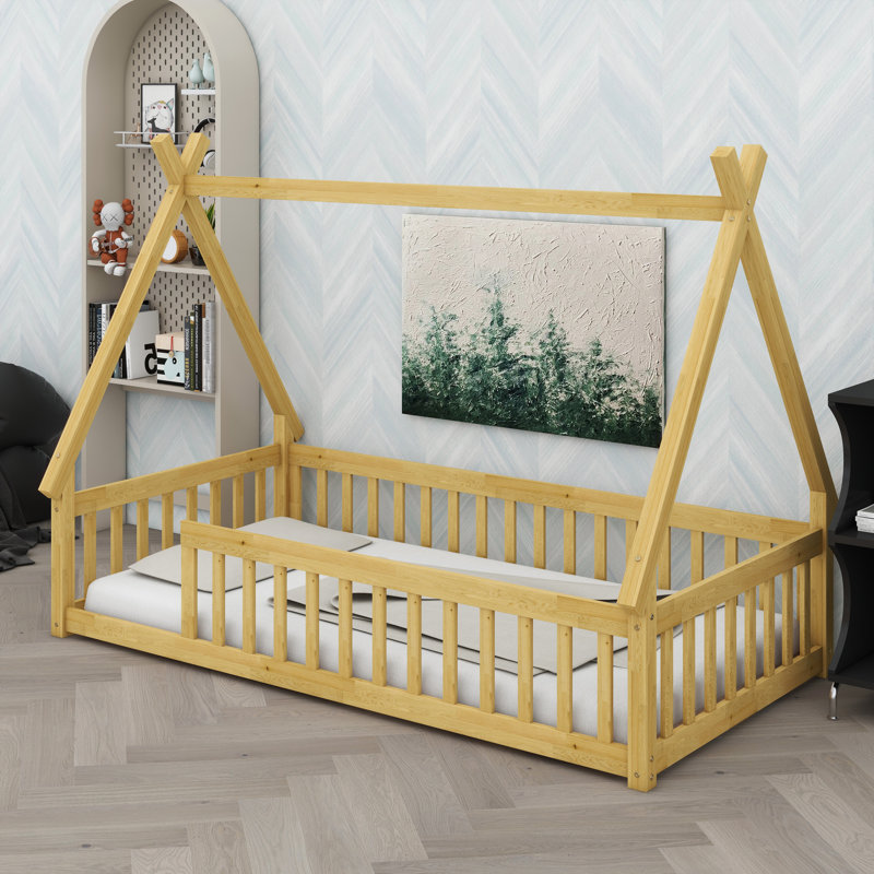 Playful Tent Design Floor Bed With Guardrails And Sturdy Slats, Natural